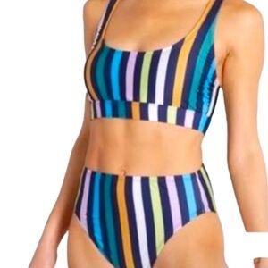 Modcloth Rainbow neon stripes lahaina living crop Bikini top and bottom.